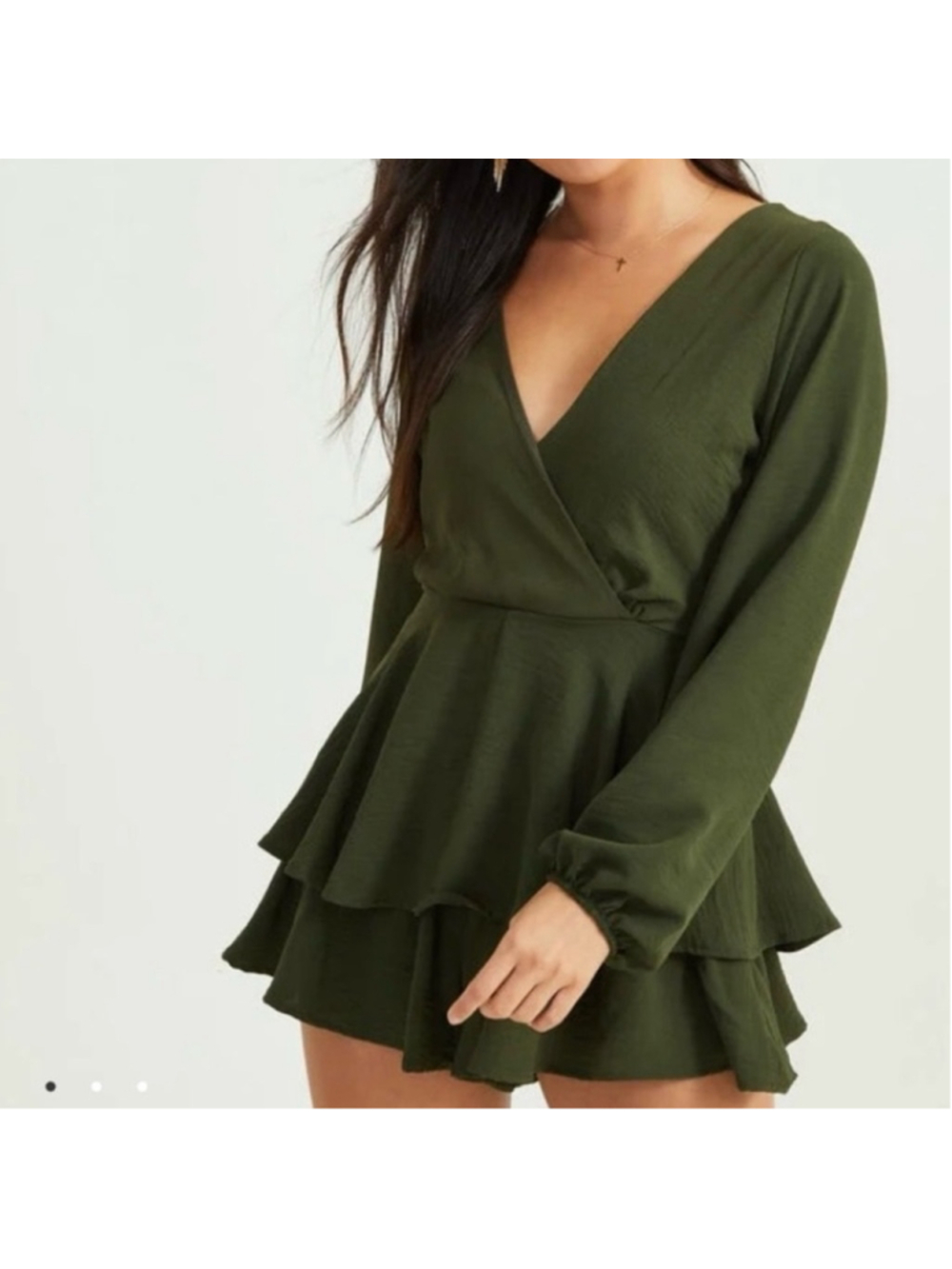 Altar’d State Allistair Romper XS Olive Green Ruffle Long Sleeve Tie Waist